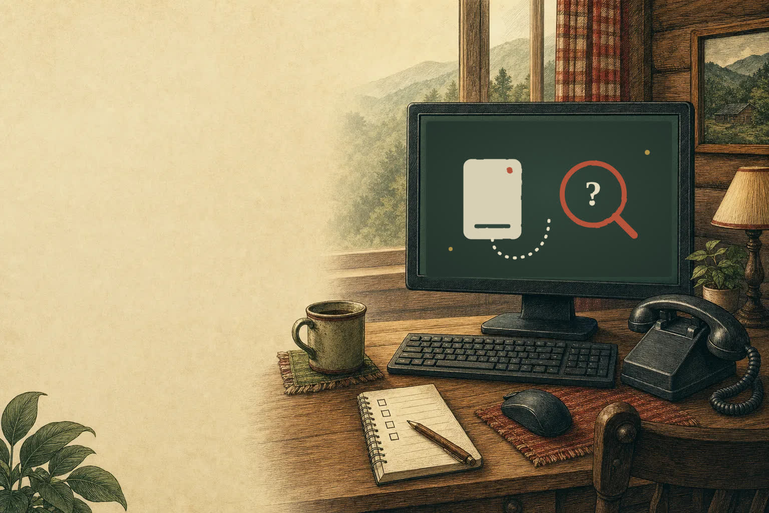 Rustic home-office desk with a computer screen showing an external drive and a search icon