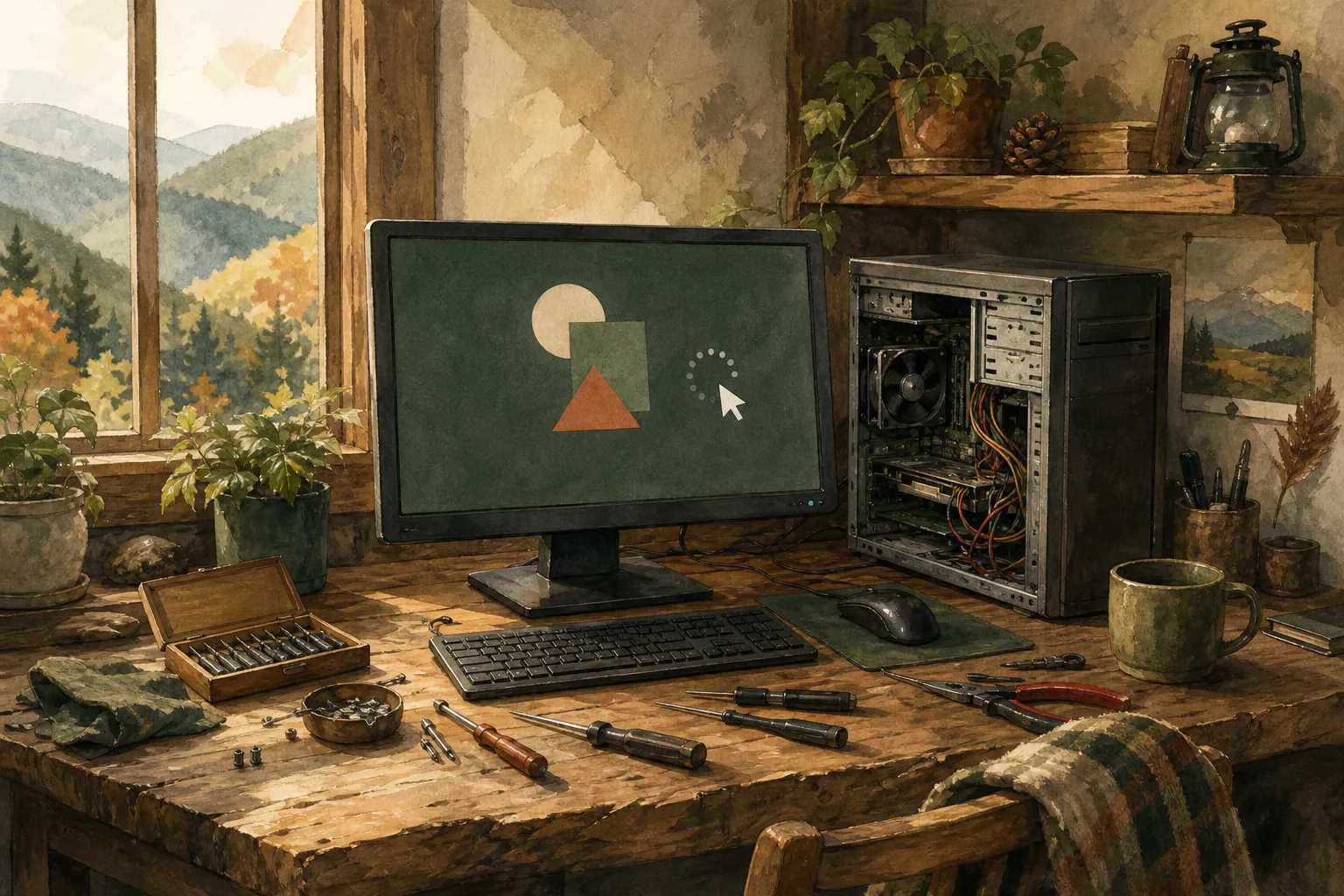 Desktop computer paused on an unresponsive screen in a warm home office
