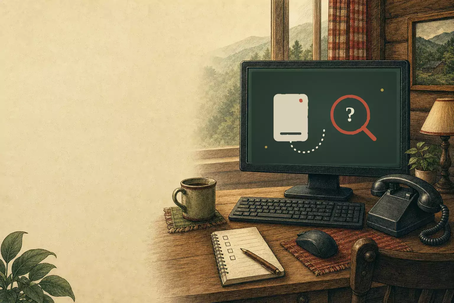 Rustic home-office desk with a computer screen showing an external drive and a search icon