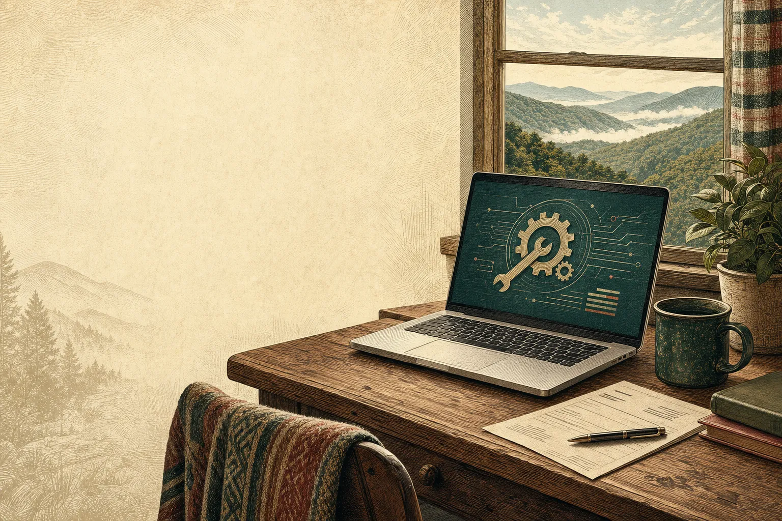 A laptop and service paperwork on a home-office desk overlooking the Appalachian mountains