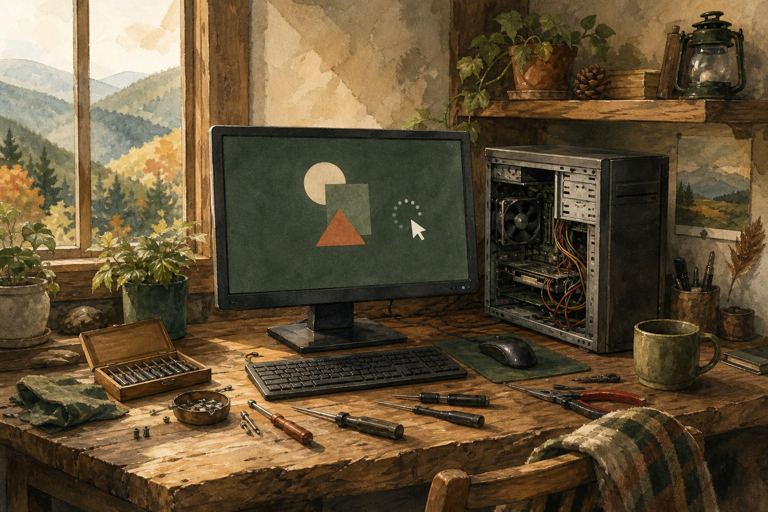 Desktop computer paused on an unresponsive screen in a warm home office