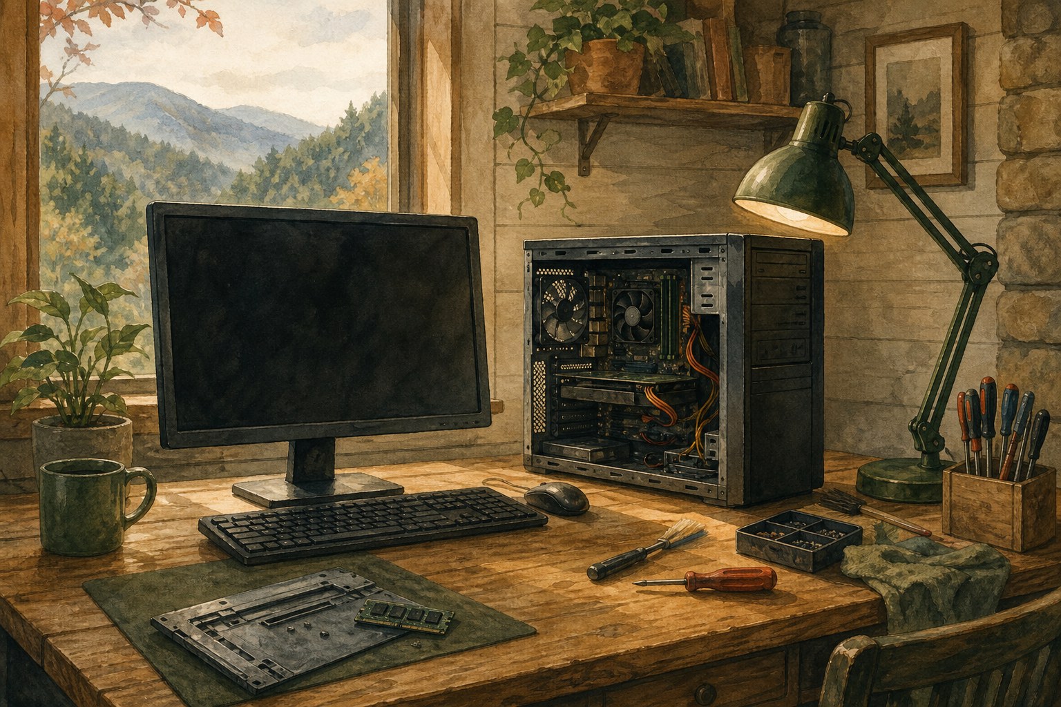 Desktop computer and monitor switched off in a warm home office