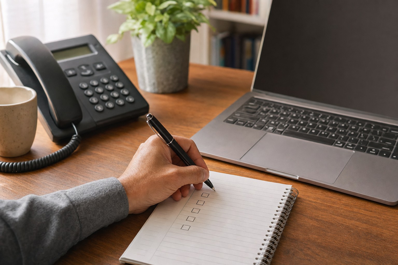 Notebook, laptop, and phone ready for a computer-support checklist