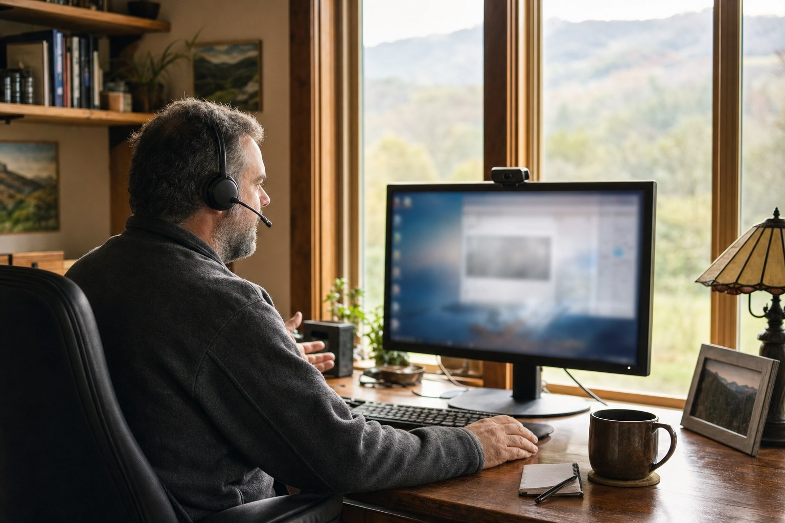 Customer at a desktop computer during a remote support call in a mountain home office