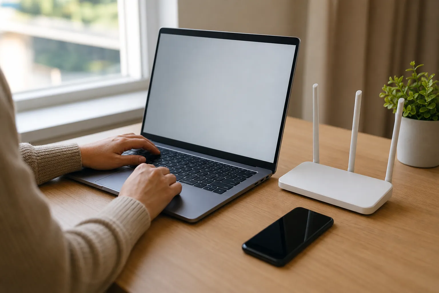 Hands using a laptop beside a phone and home Wi-Fi router during a connection check