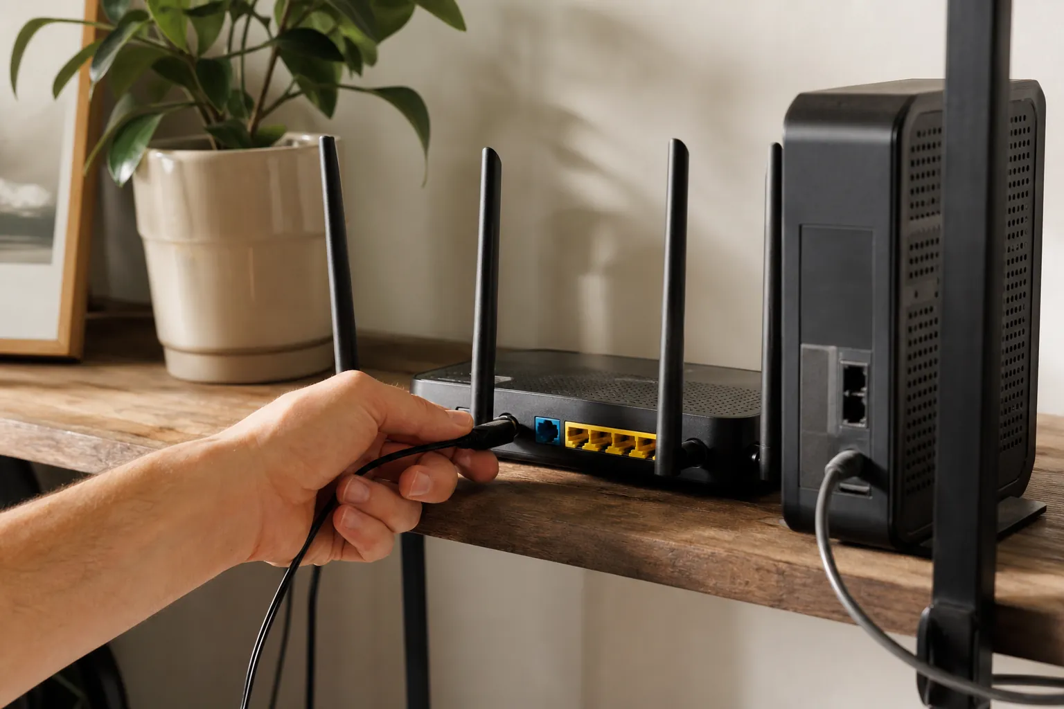 A hand checking a cable connection on an unbranded home Wi-Fi router and modem