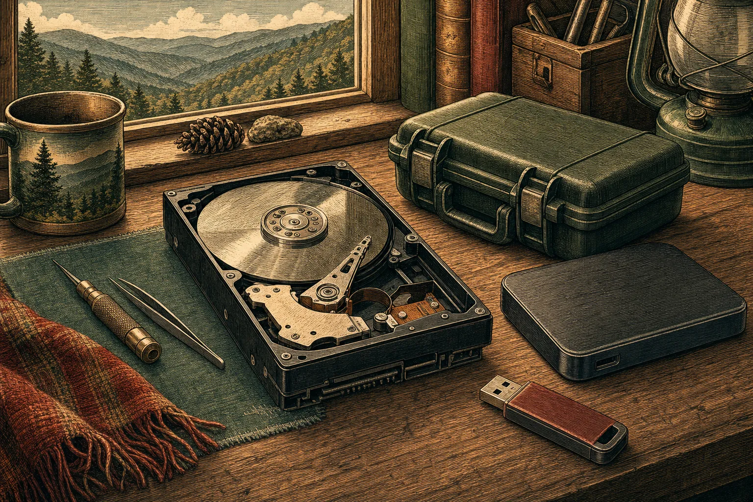 External hard drive and recovery tools on a workbench