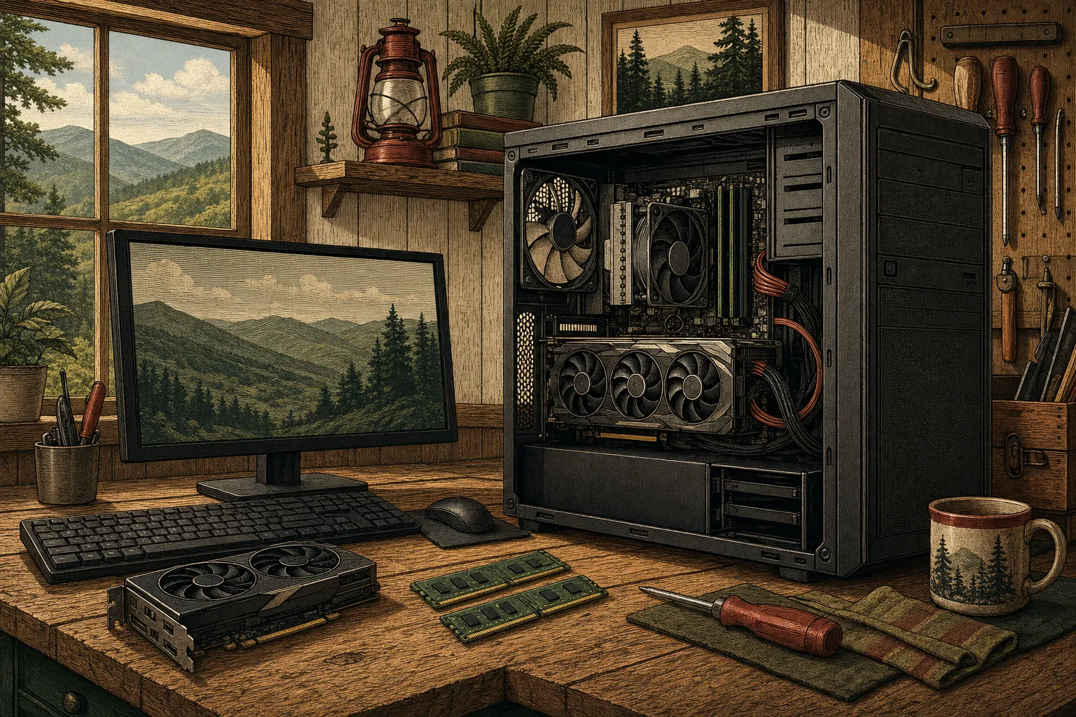 Desktop computer tower and monitor on a repair workbench
