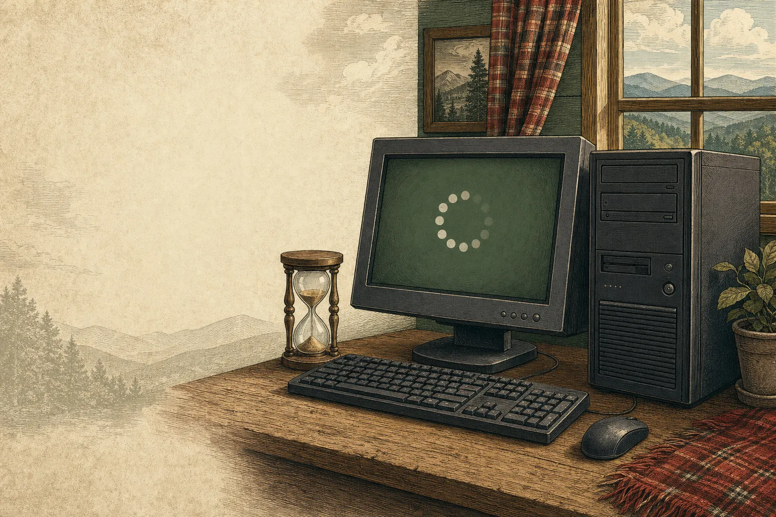 An older desktop computer showing a loading circle beside an hourglass