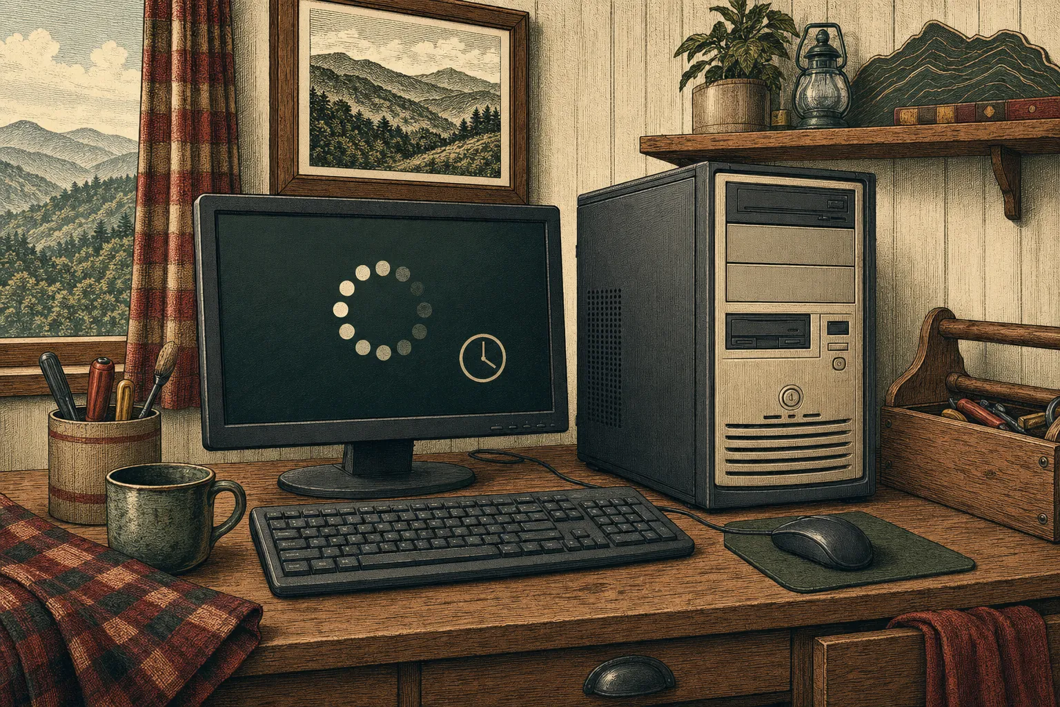 Desktop computer showing a slow performance warning on screen