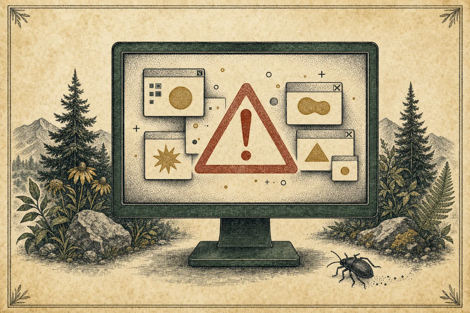 Computer screen showing a security warning and suspicious pop-ups