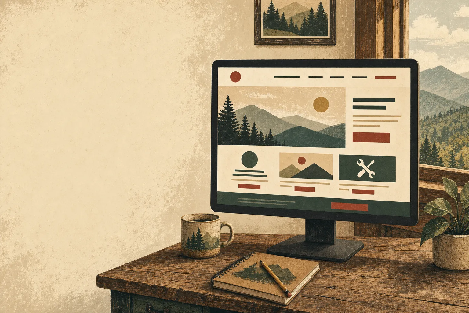 A desktop monitor displaying a small-business website layout on a rustic desk