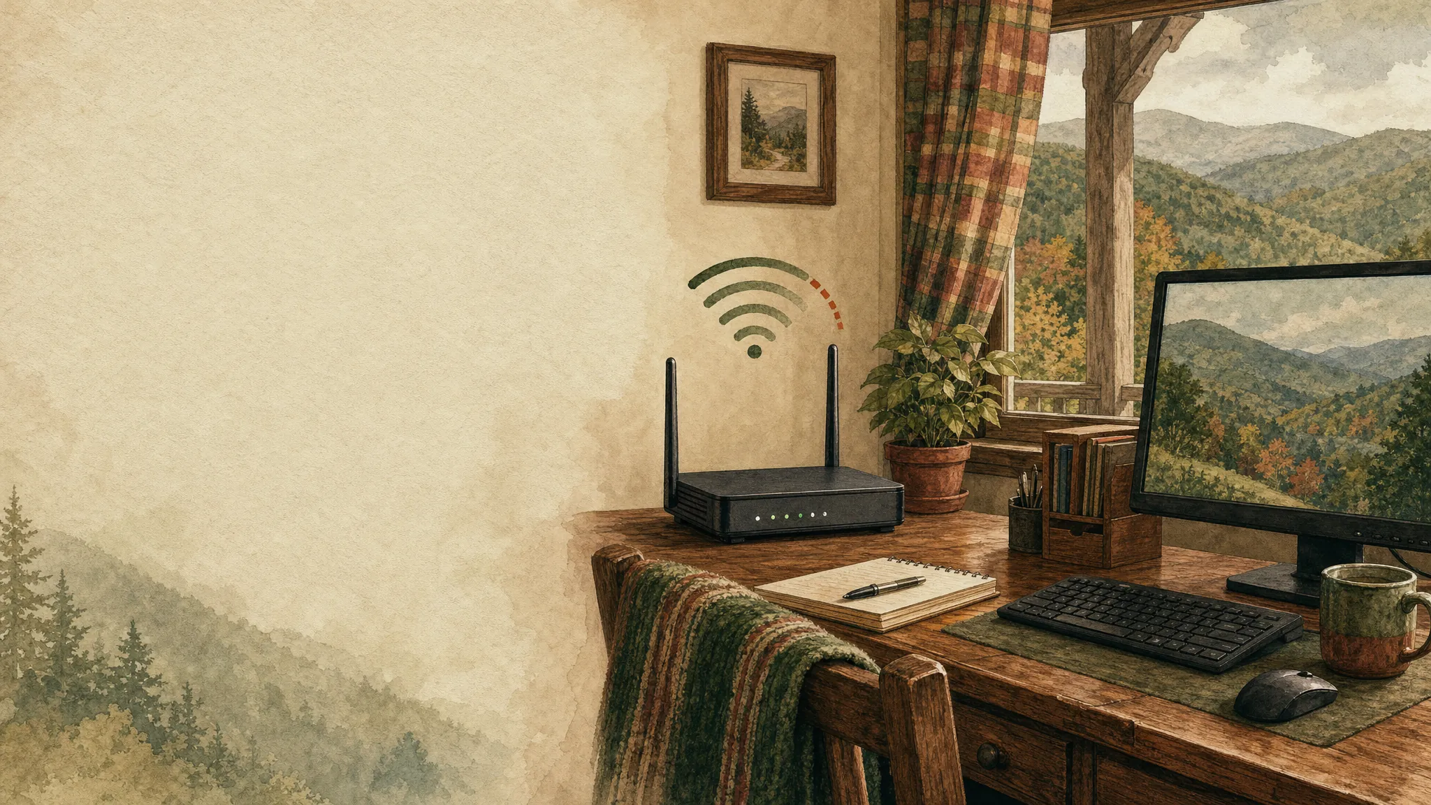 A home Wi-Fi router and desktop computer beside an Appalachian window