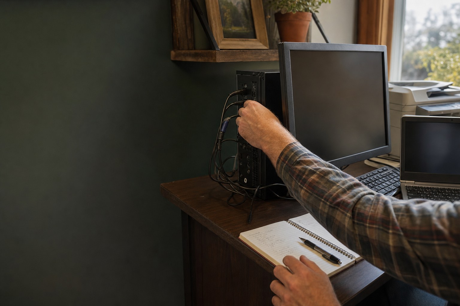 Technician checking a desktop computer and cable connections in a small office
