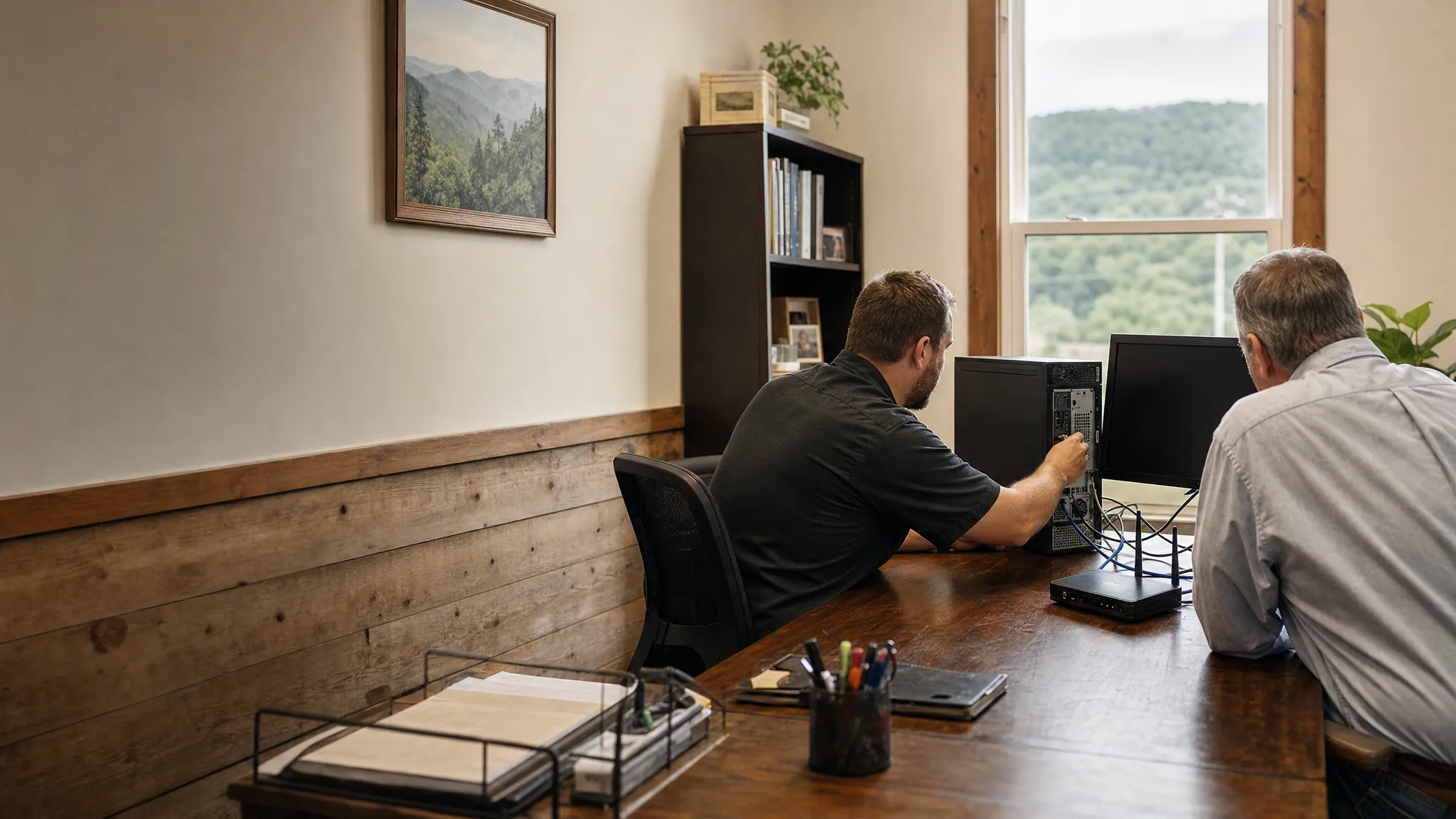 Computer repair technician checking a desktop computer with a small-business owner