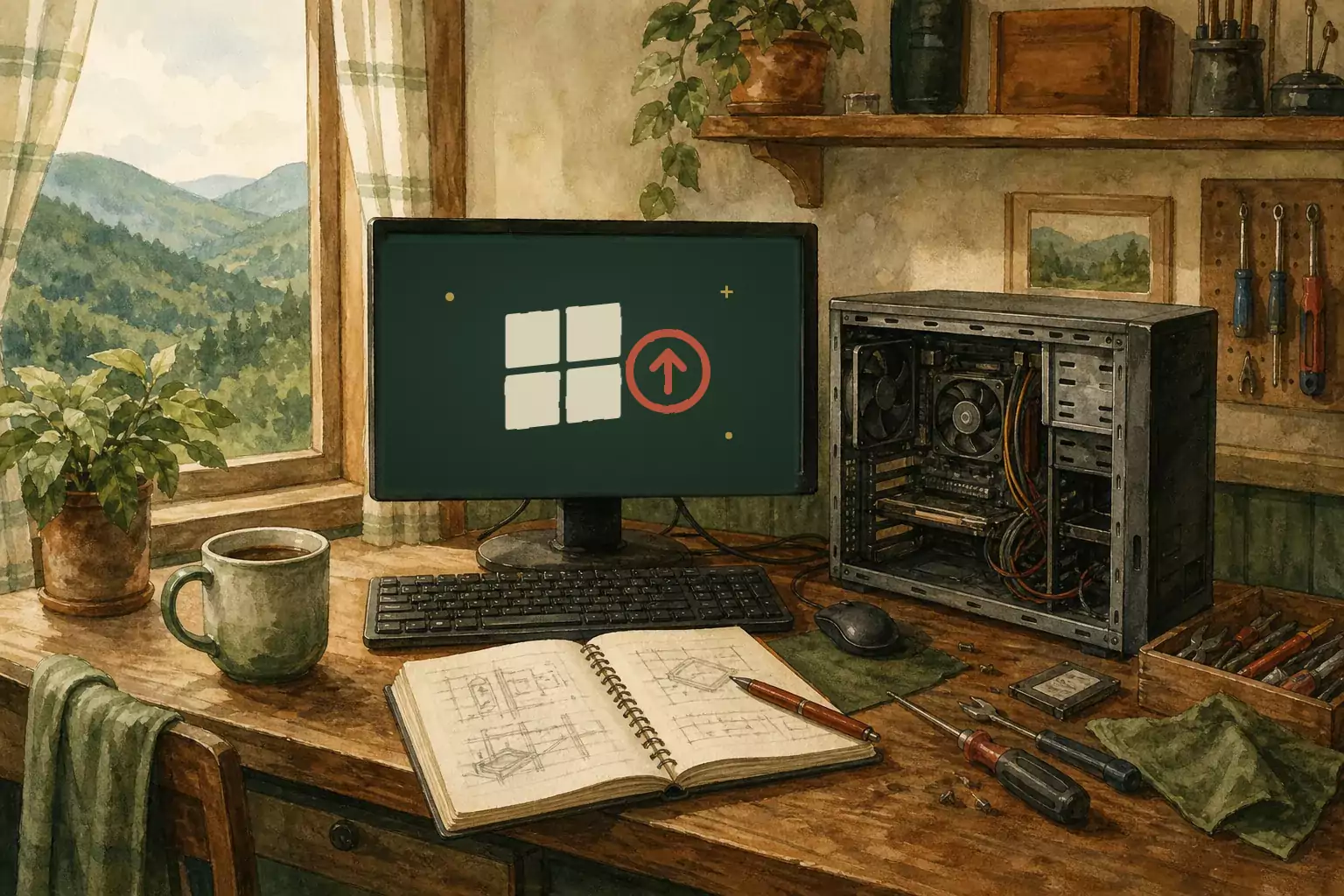 Rustic mountain-cabin desk with a computer screen showing a Windows upgrade arrow